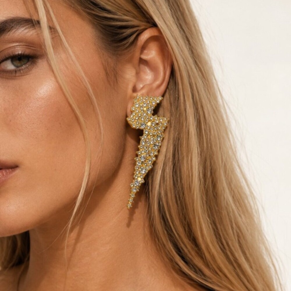 ✨ Rhinestone Lightning Bolt Statement Earrings Crystal Drop 24k Gold Plated new